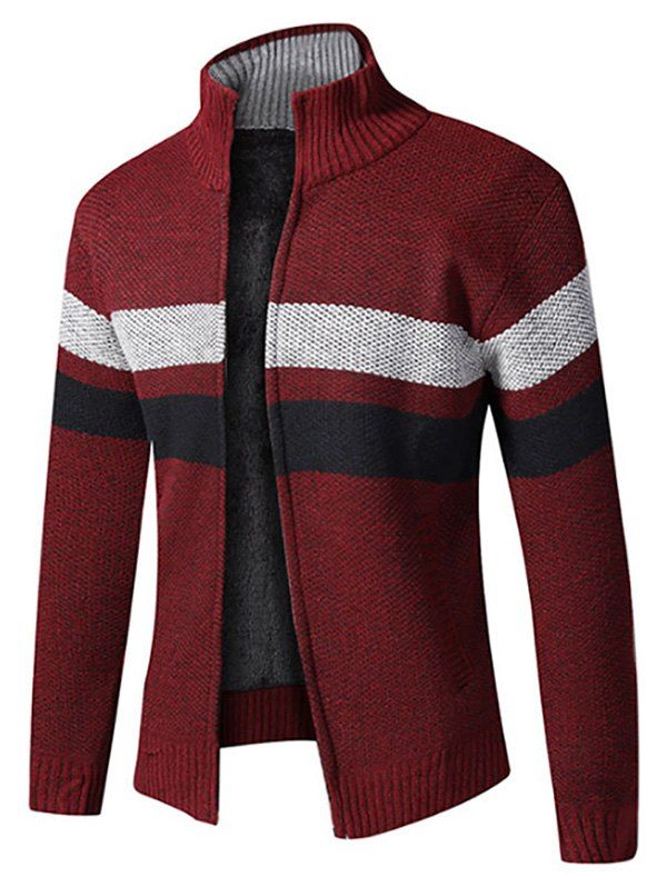 

Color Spliced Zipper Fuzzy Cardigan, Red wine