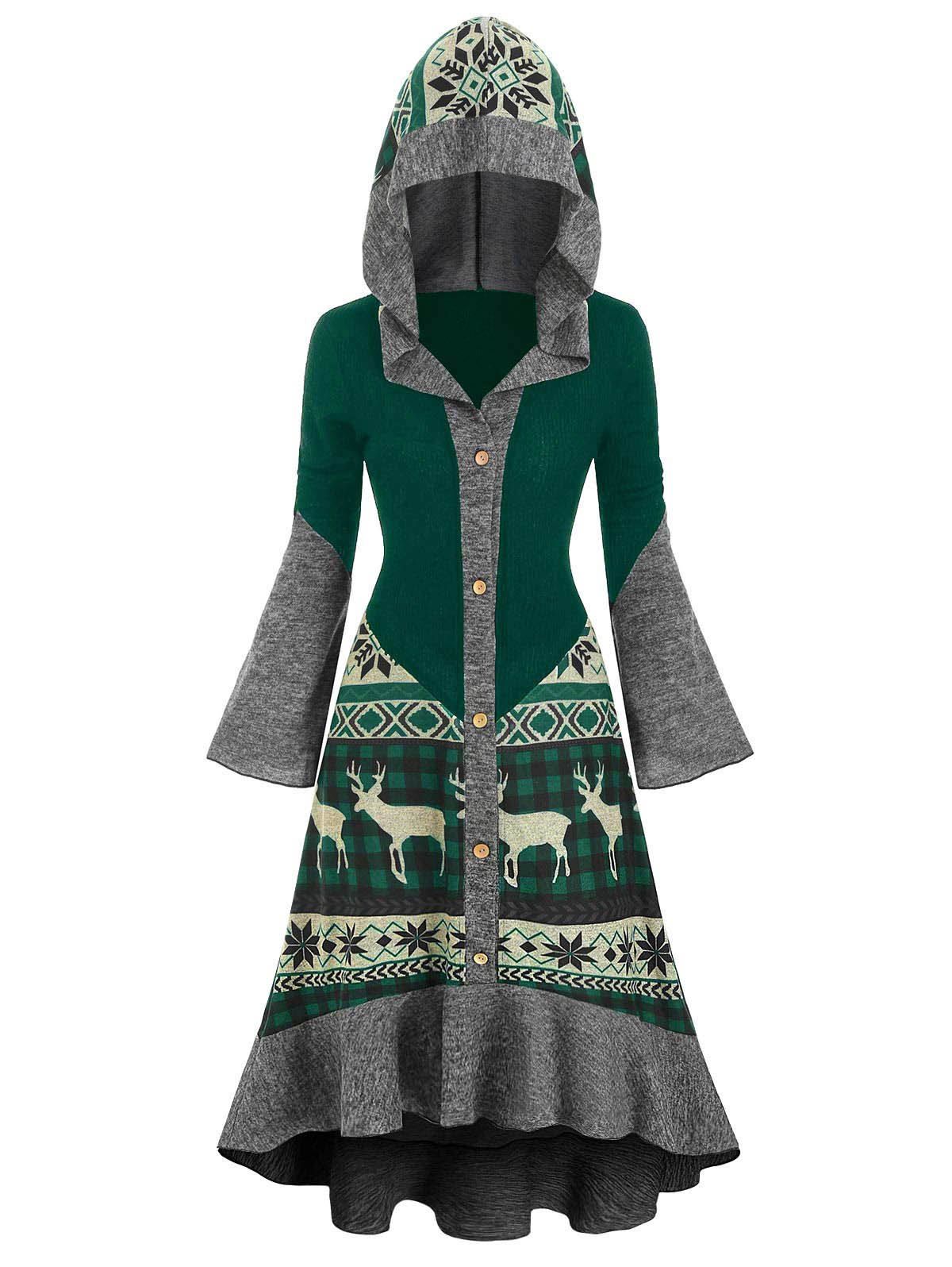 

Christmas Elk Hooded Flippy Hem Knitted Dress, Multi-a