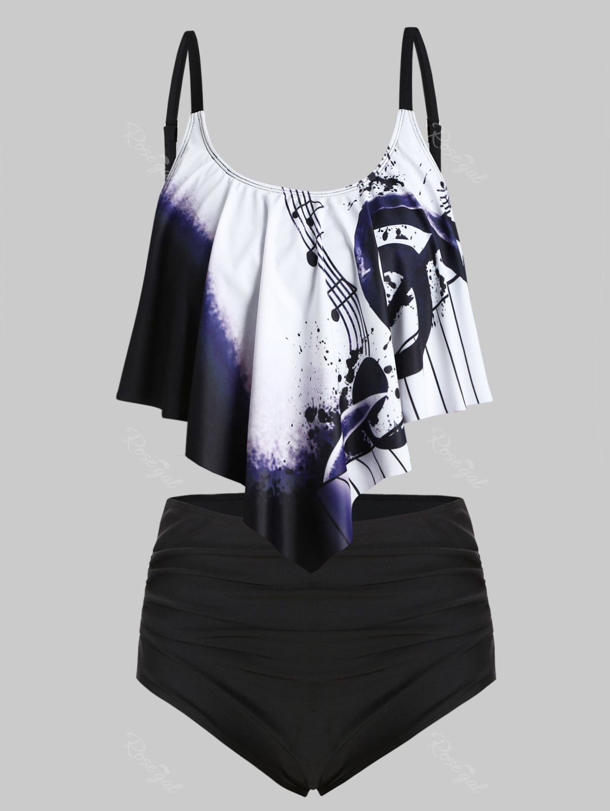 

Plus Size Musical Notes Print Overlay Tankini Swimsuit, Black