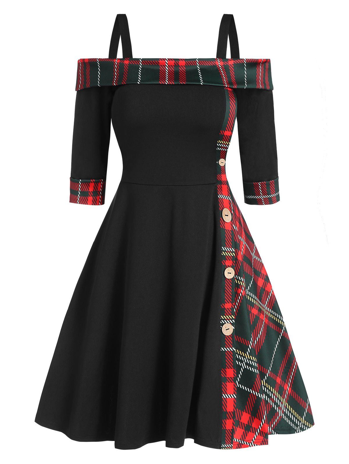 

Vintage Cold Shoulder Plaid Fit and Flare Dress, Multi-a