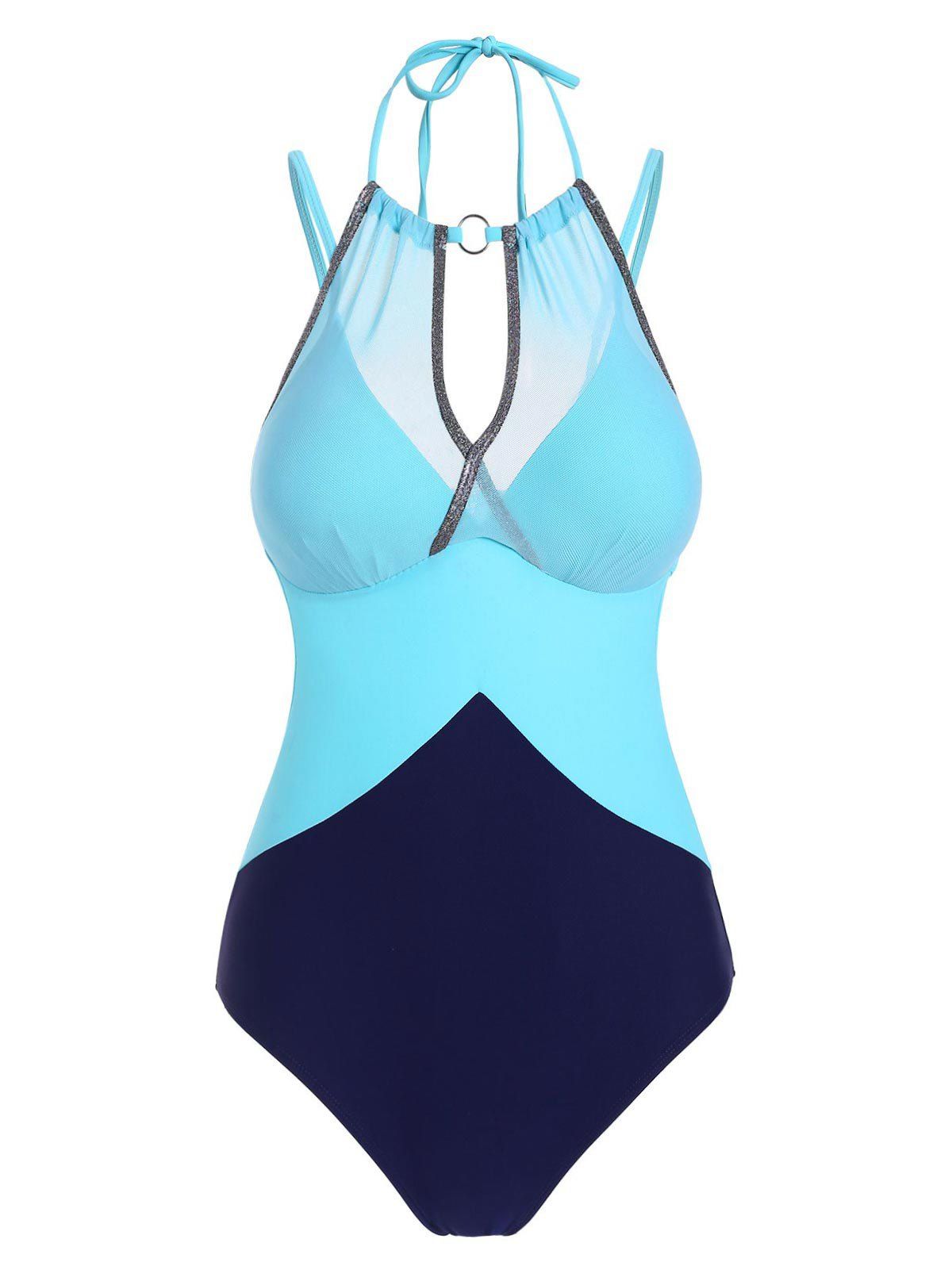 

Ring Mesh Overlay Sparkly Push Up One-piece Swimsuit, Celeste
