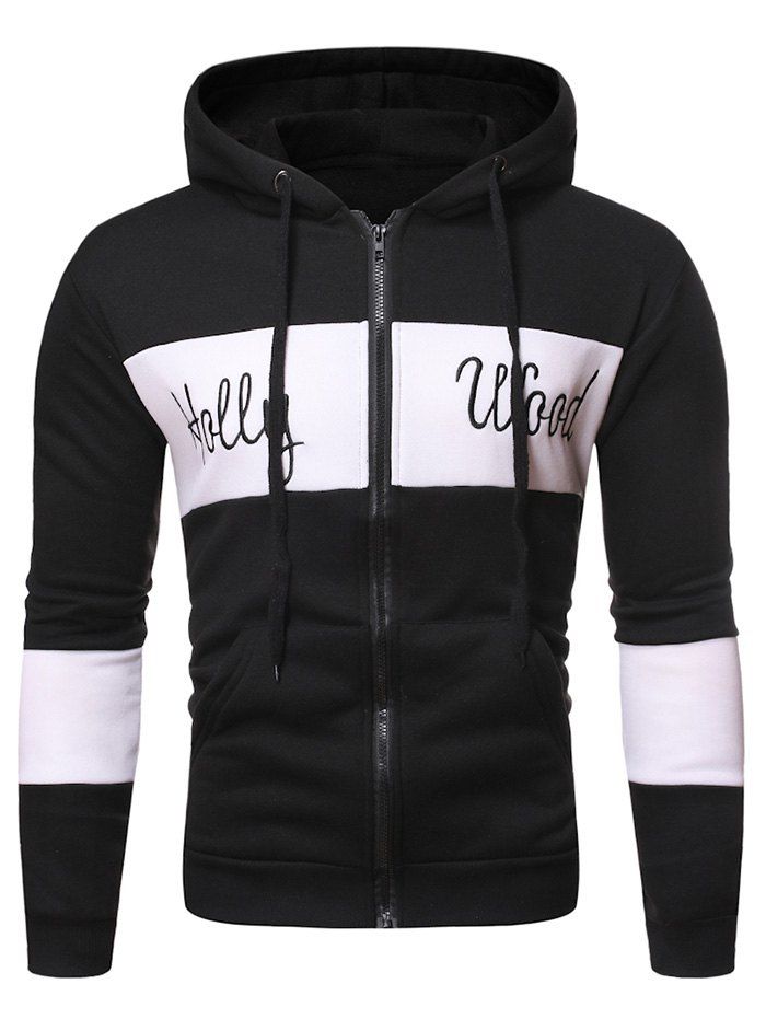 

Letter Pattern Zipper Hooded Sweatshirt, Black