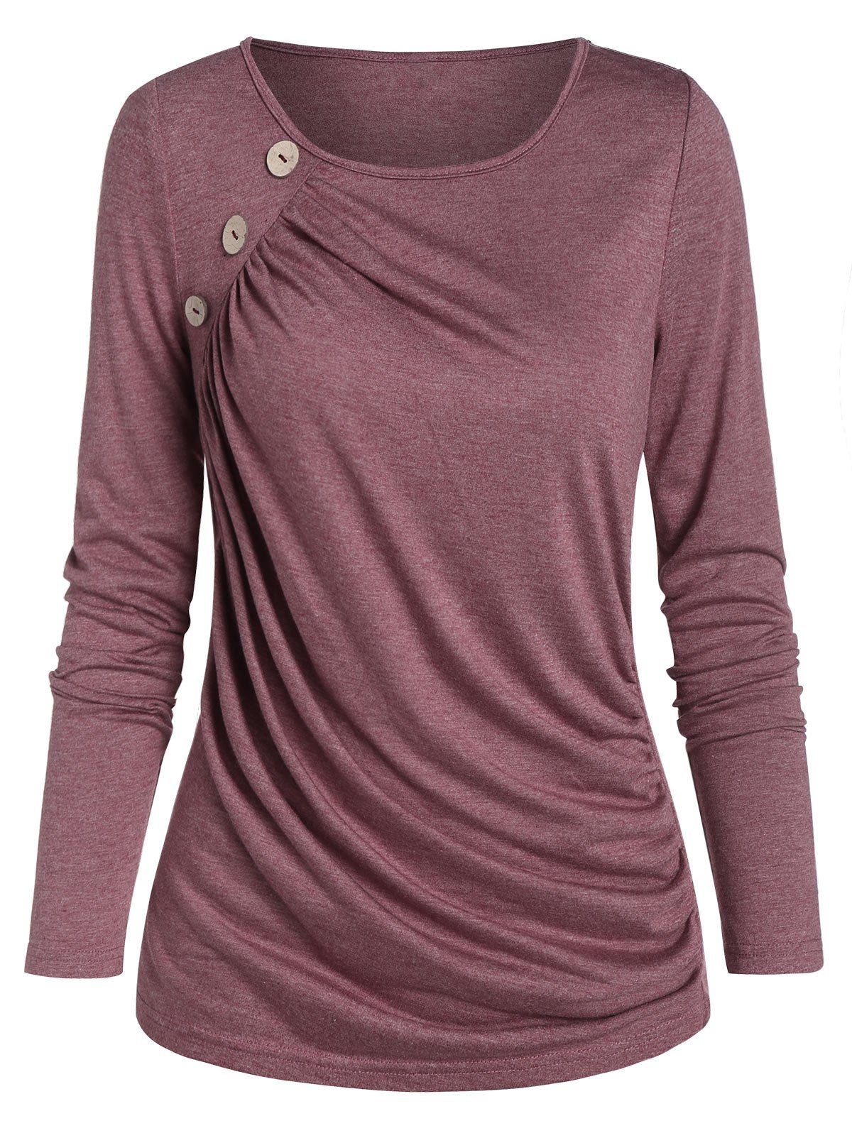 

Ruched Button Long Sleeve Lounge T Shirt, Rosy finch