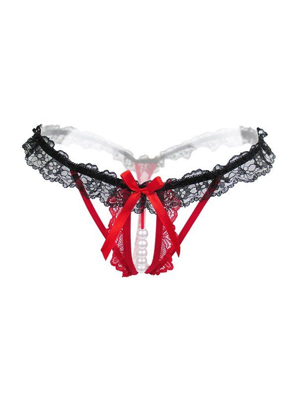 

Bowknot Beading Low Waist Lace Briefs, Red