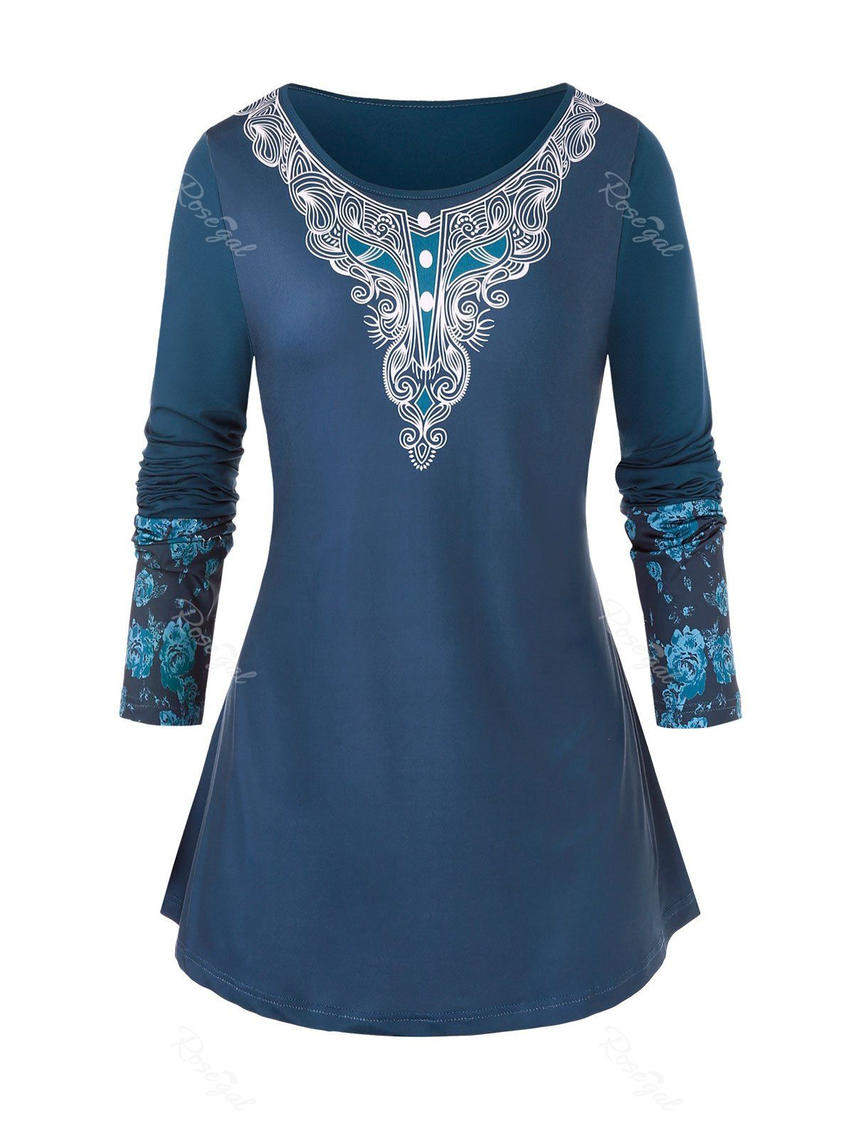 

Plus Size Floral Printed Long Sleeve Tee, Blue koi