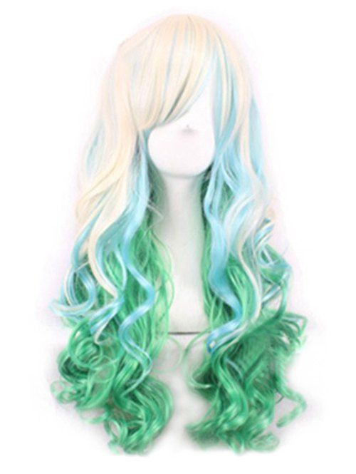 

Ombre Party Cosplay Long Body Wave Synthetic Side Bang Wig, Light green