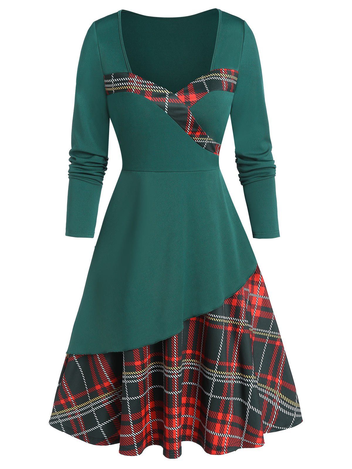 

Sweetheart Neck Plaid Fit and Flare Dress, Greenish blue