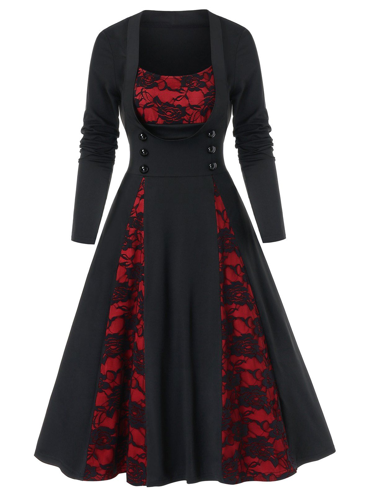 

Flower Lace Insert Mock Button Knot Back Vintage Dress, Black