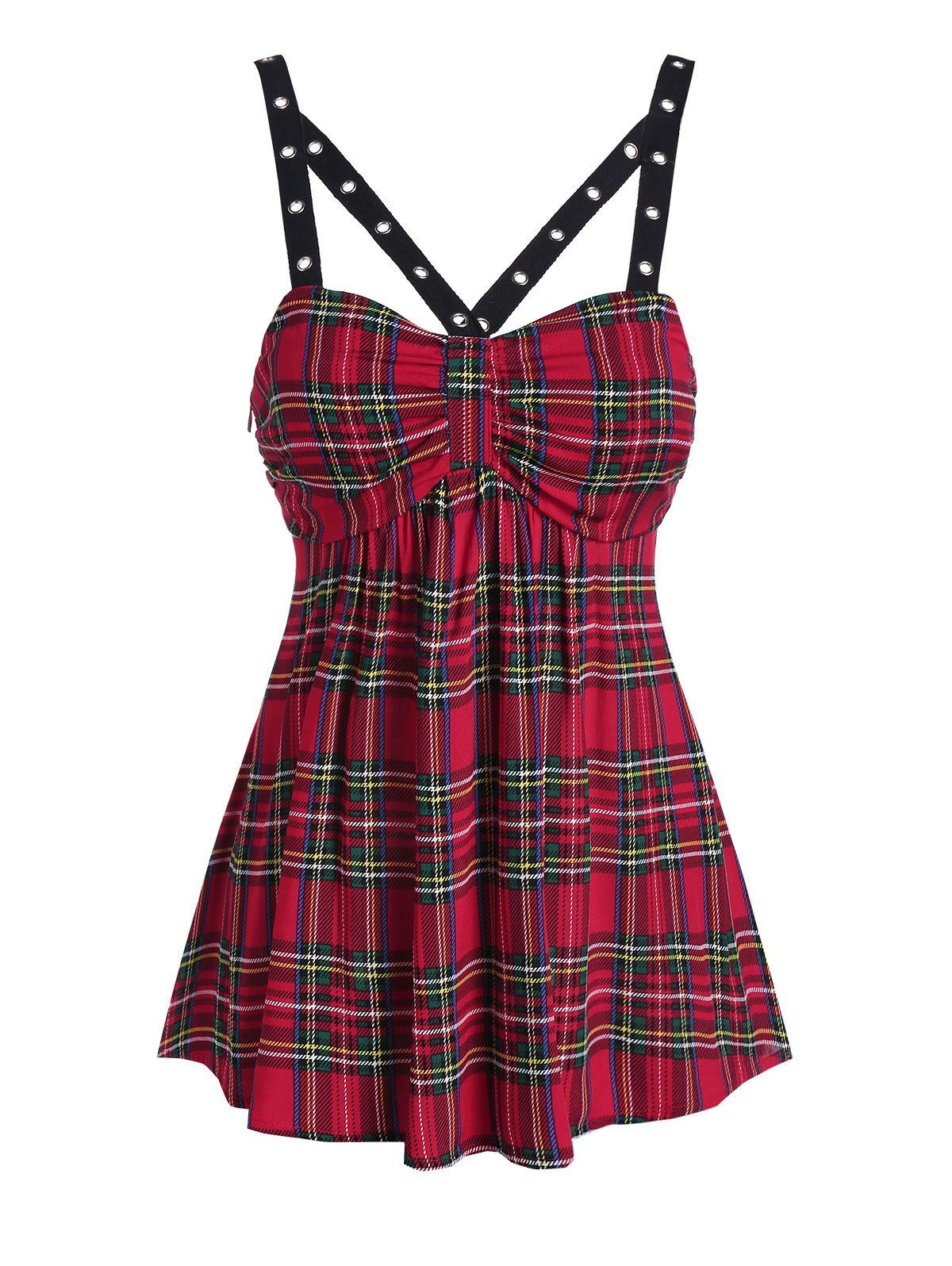 

Plaid Print Grommet Flare Tank Top, Red