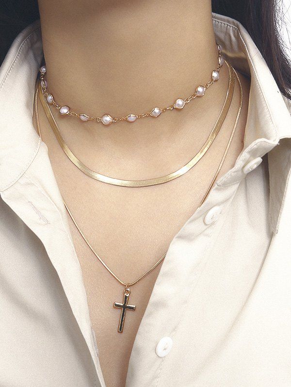 

Cross Pendant Faux Pearl Layers Necklace, Gold