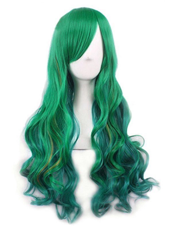 

Chic Long Synthetic Body Wave Party Wig, Greenish blue