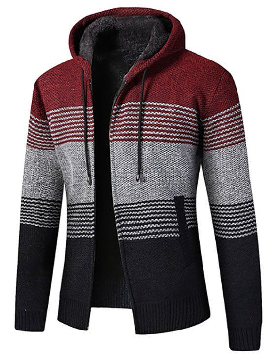 

Color Blocking Zipper Fluffy Cardigan, Red wine