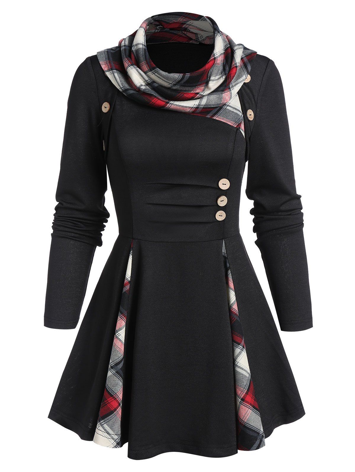 

Plaid Print Ruched Mock Button Sweater, Black
