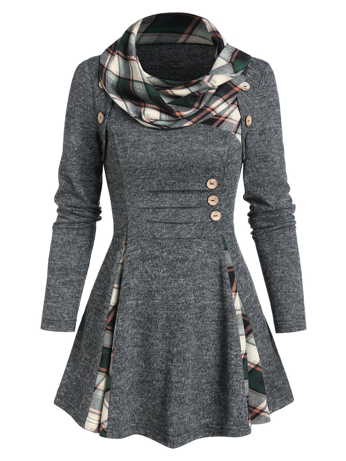 

Plaid Print Ruched Mock Button Sweater, Carbon gray