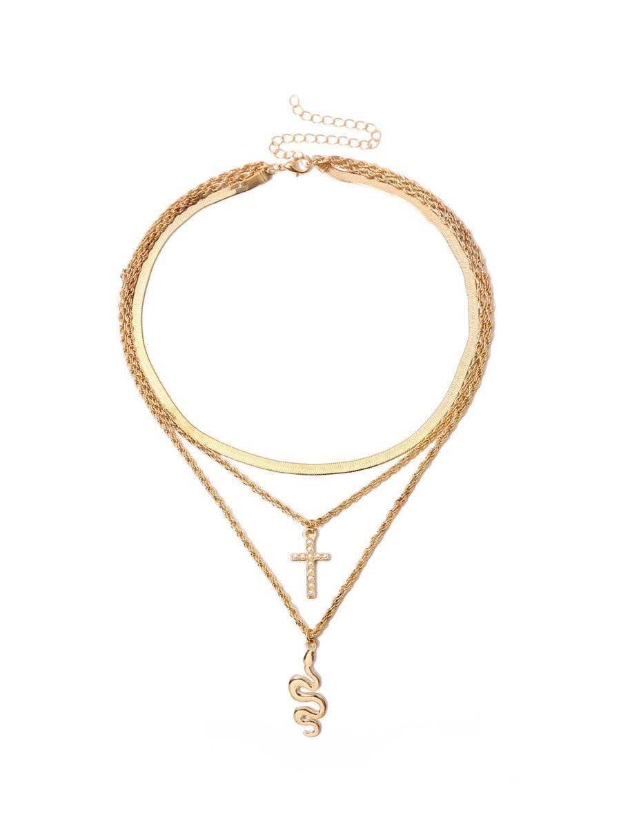 

Snake Cross Pendant Layered Necklace, Gold
