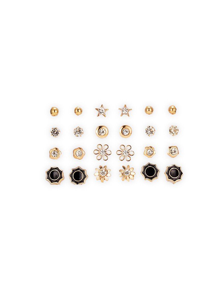 

12 Piece Rhinestone Floral Star Round Stud Earrings Set, Gold