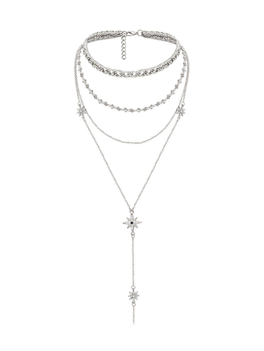 

Rhinestone Star Pendant Multilayered Necklace, Silver