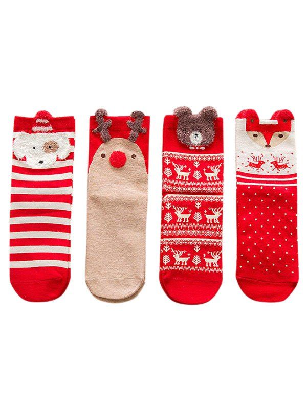 

4Pairs Christmas Cartoon Animal Elk Dog Socks Set, Red