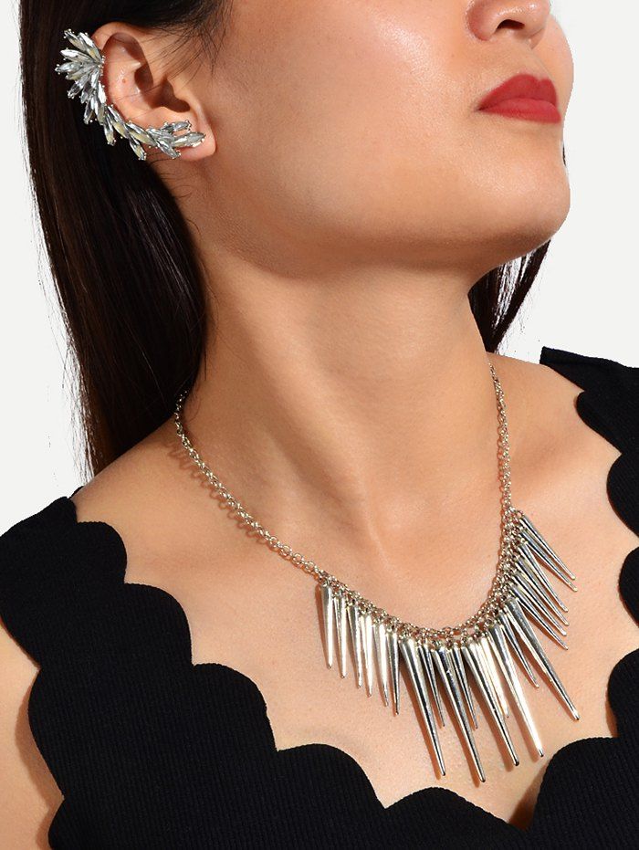 

Spike Chain Necklace And Rhinestone Ear Cuff Earring Set, Silver