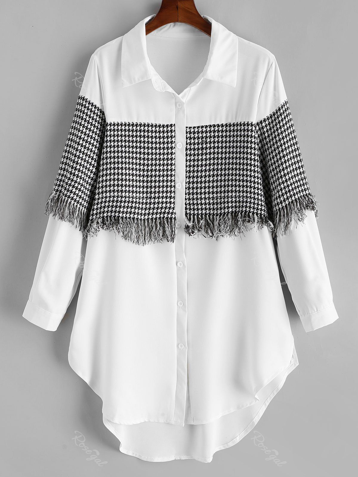 

Plus Size High Low Houndstooth Fringed Shirt, White