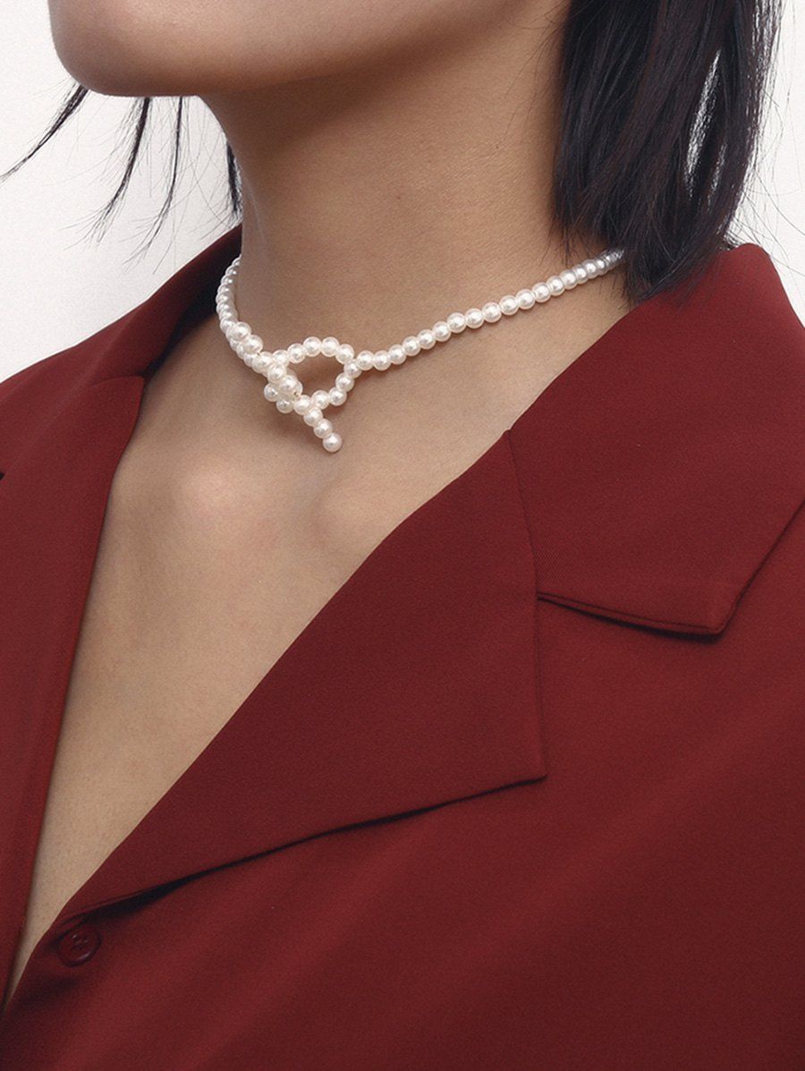 

Beaded Artificial Pearl Short Lariat Necklace, White