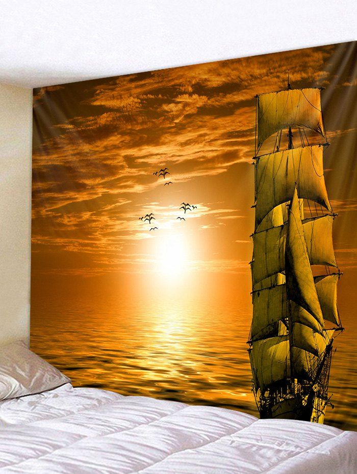 

Sunset Ocean Ship Print Tapestry Wall Hanging Art Decoration, Bright yellow