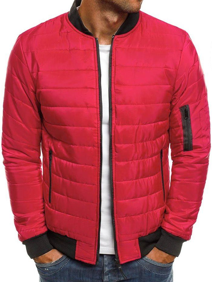 

Solid Color Zipper Pocket Quilted Jacket, Red