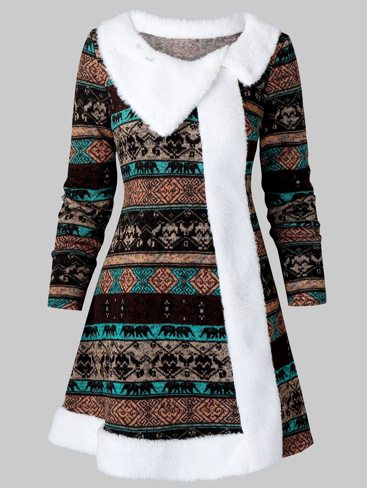 

Tribal Pattern Faux Fur Insert Mini Dress, Multi-a