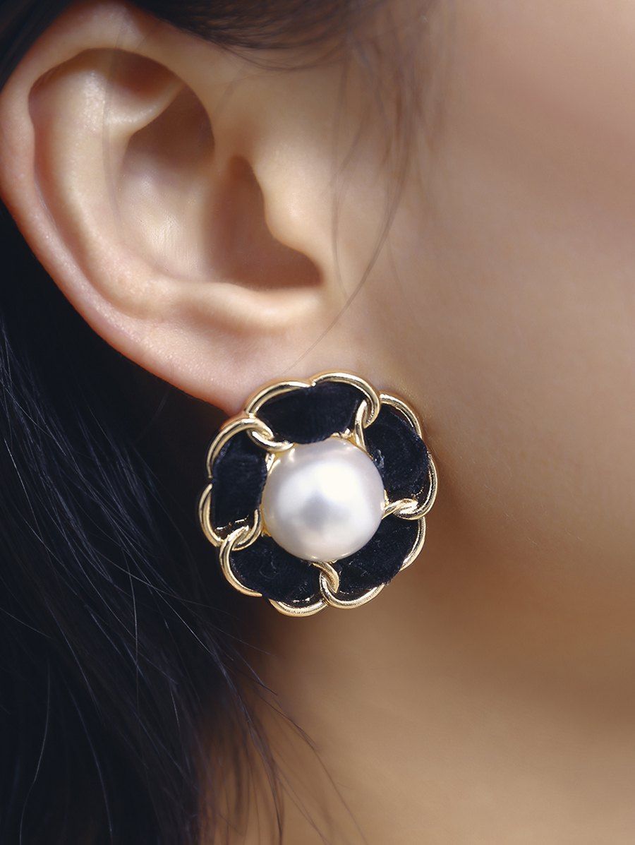 

Flower Velour Faux Pearl Stud Earrings, Gold