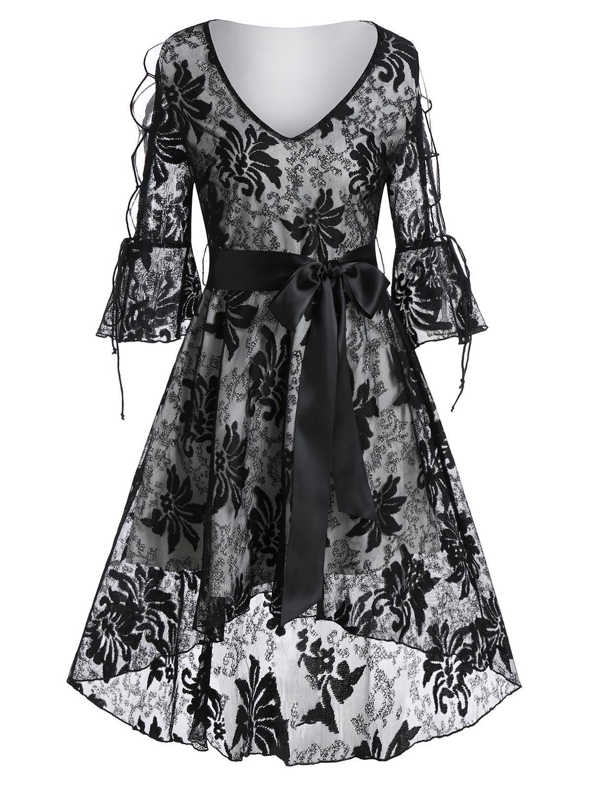 

Poet Sleeve Lace-up Flower Lace High Low Dress, Multi-a