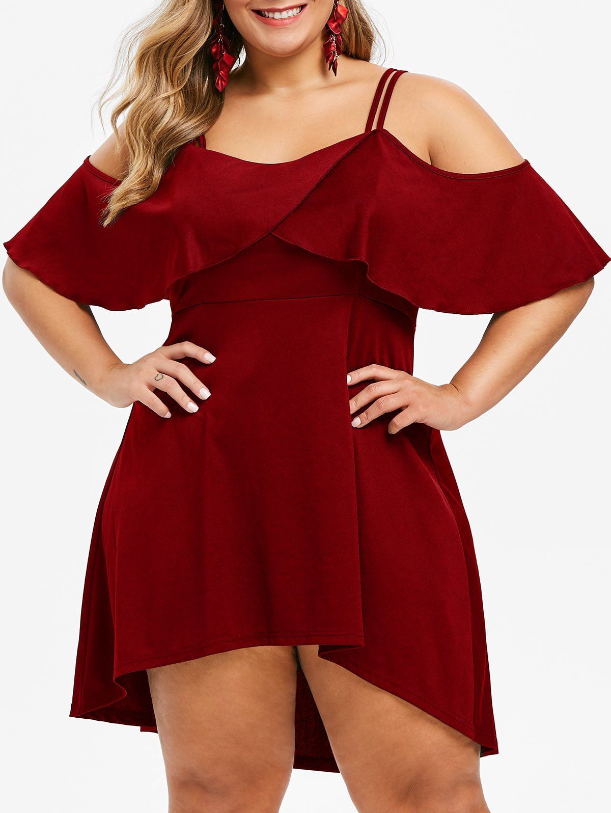 

Plus Size Open Shoulder High Low Flare Dress, Red wine