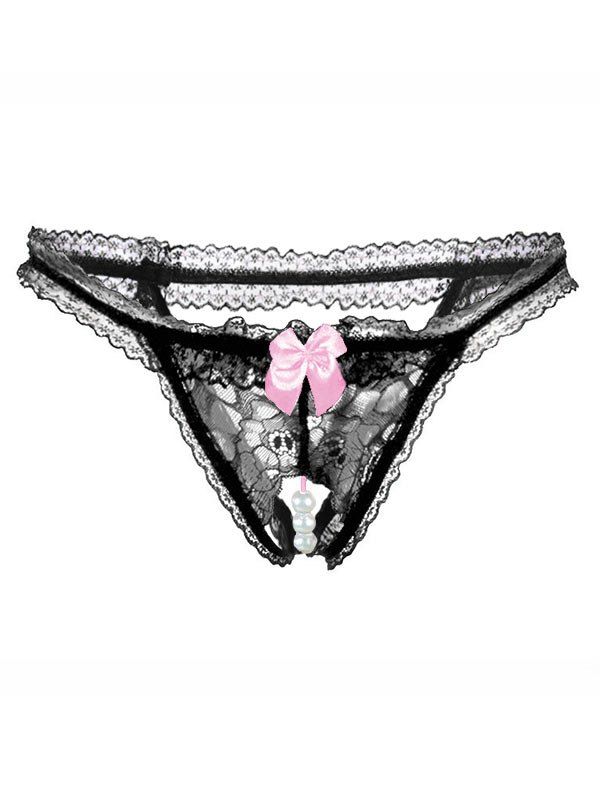 

Bowknot Beading Lace Low Waist Briefs, Black