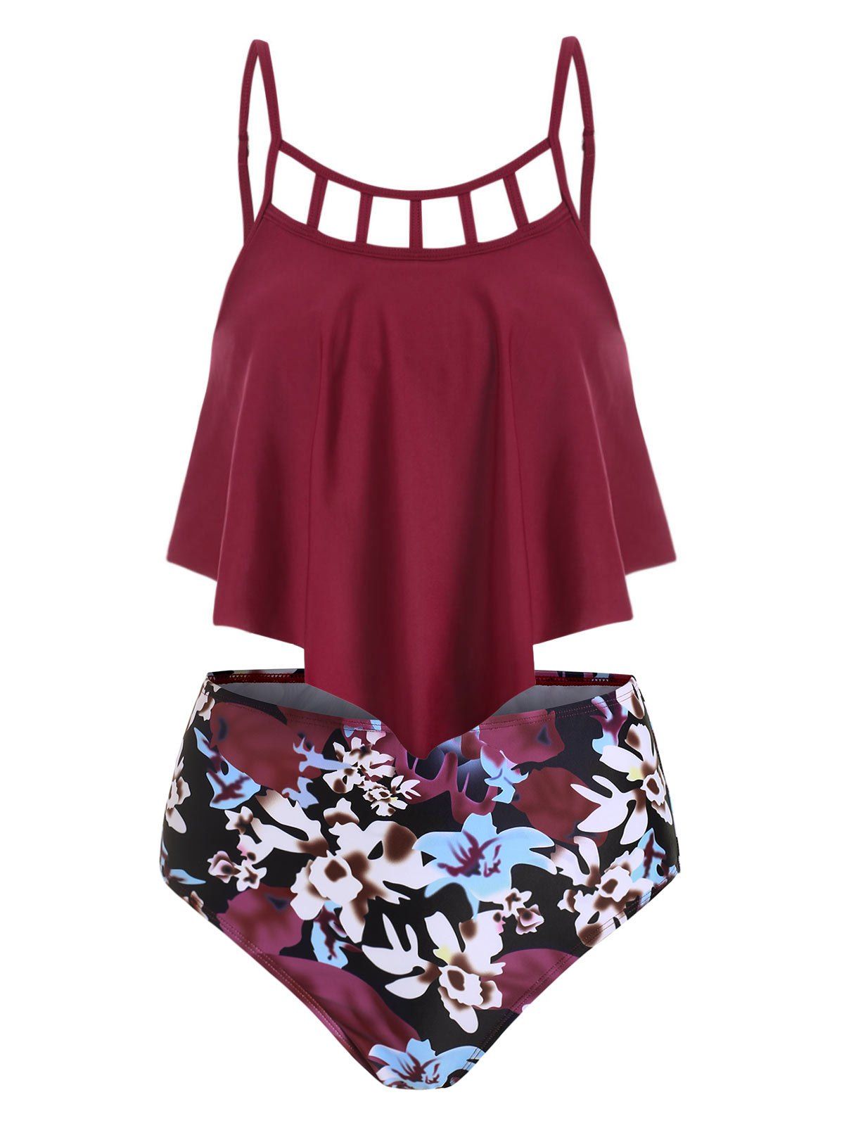 

Floral Lattice Flounce High Rise Tankini Swimwear, Red wine