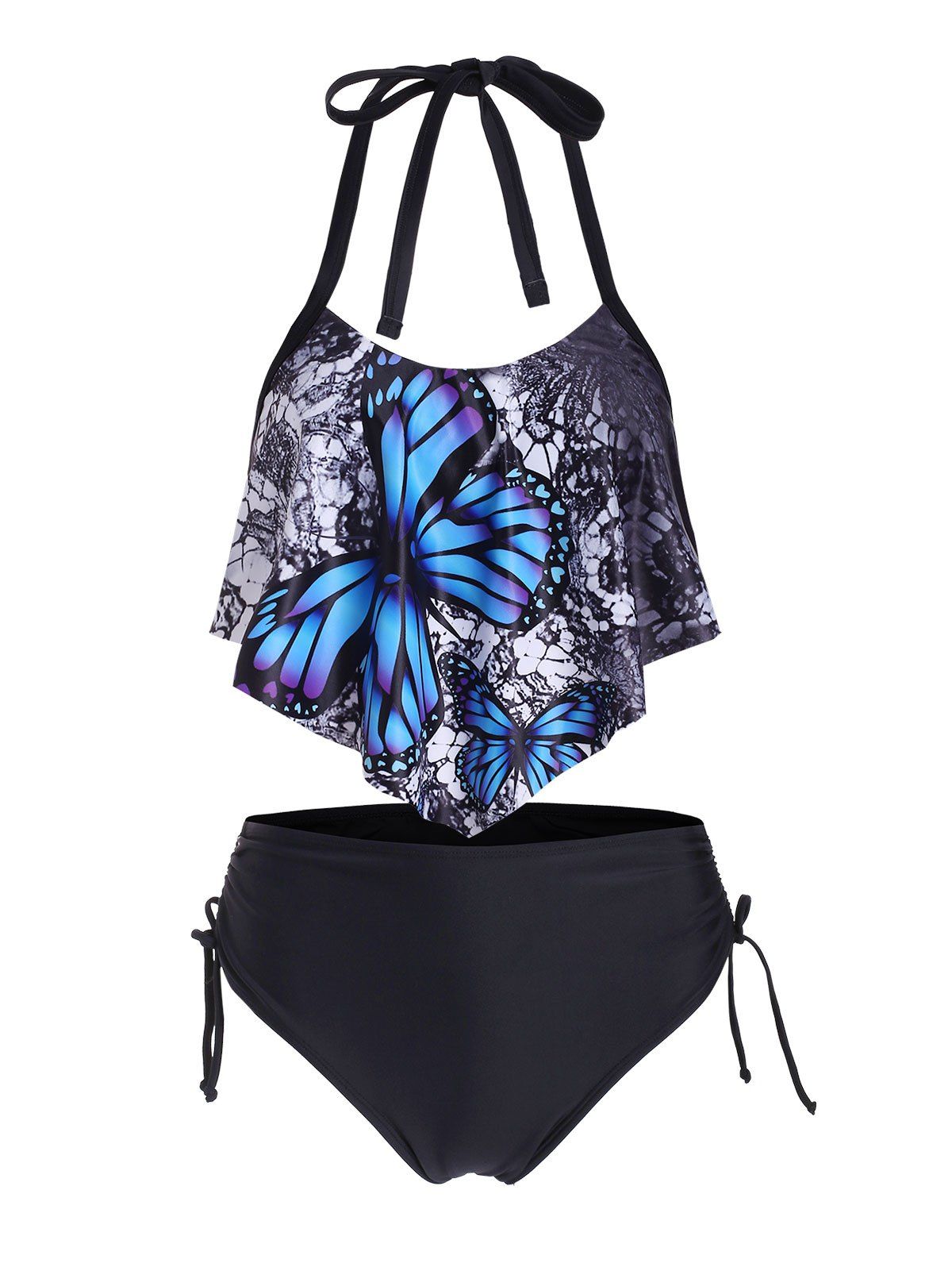 

Butterfly Print Cinched Flounce Bikini Swimwear, Black