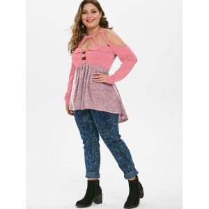 

Plus Size Tunic High Low Open Shoulder T Shirt, Lipstick pink
