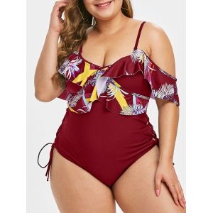 

Plus Size Lace Up Ruffled Palm Print One-piece Swimsuit, Red wine