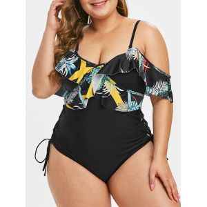 

Plus Size Lace Up Ruffled Palm Print One-piece Swimsuit, Black