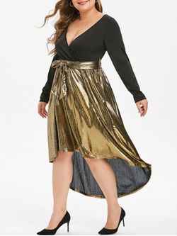 Long Sleeve Gilded Shiny High Low Plus Size Surplice Dress - BLACK - L