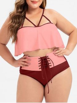 Plus Size Strappy Flounce Lace-up Bikini Swimsuit - RED WINE - 5X