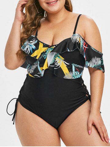 Plus Size Lace Up Ruffled Palm Print One-piece Swimsuit - BLACK - 3X
