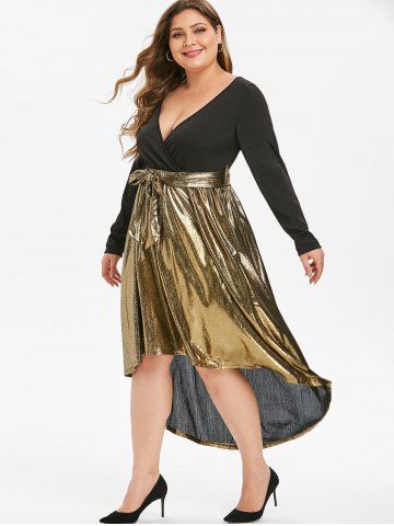 Long Sleeve Gilded Shiny High Low Plus Size Surplice Dress