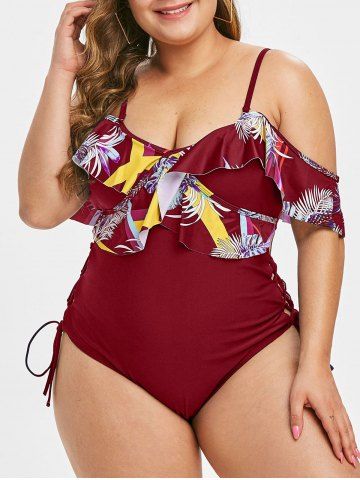 Plus Size Lace Up Ruffled Palm Print One-piece Swimsuit - RED WINE - 4X