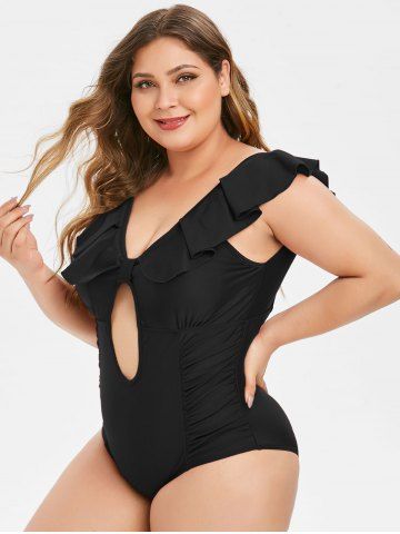 Plus Size 1950s Flounce Ruched Low Back Tied Plunge Swimsuit