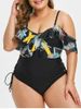 Plus Size Lace Up Ruffled Palm Print One-piece Swimsuit -  