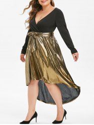 Long Sleeve Gilded Shiny High Low Plus Size Surplice Dress -  