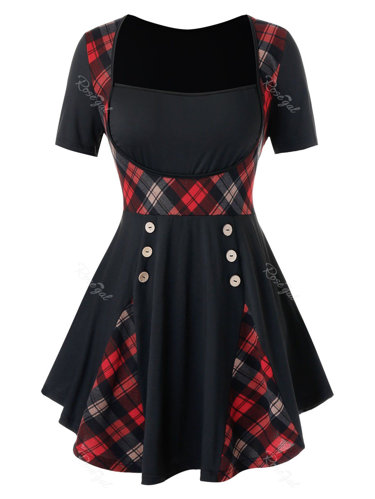 

Plus Size Buttoned Plaid T Shirt, Black