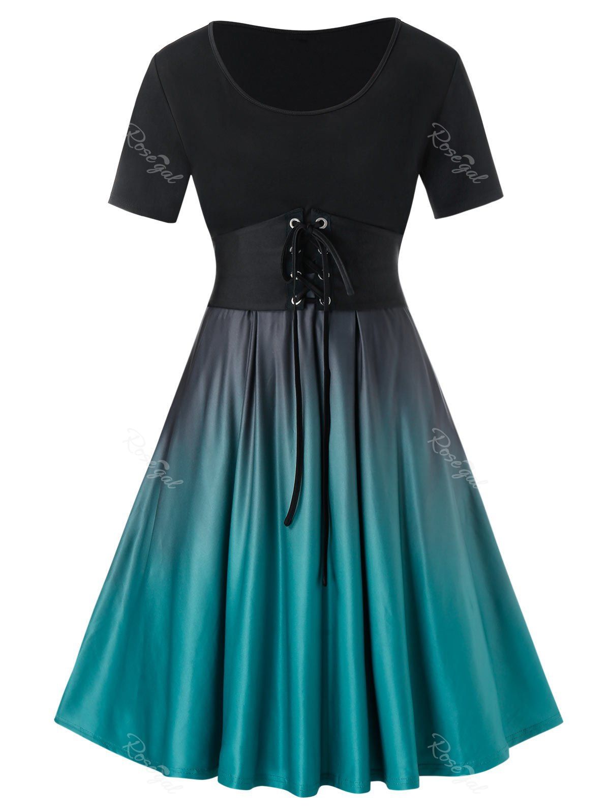 

Plus Size Lace Up Ombre High Waisted A Line Dress, Green
