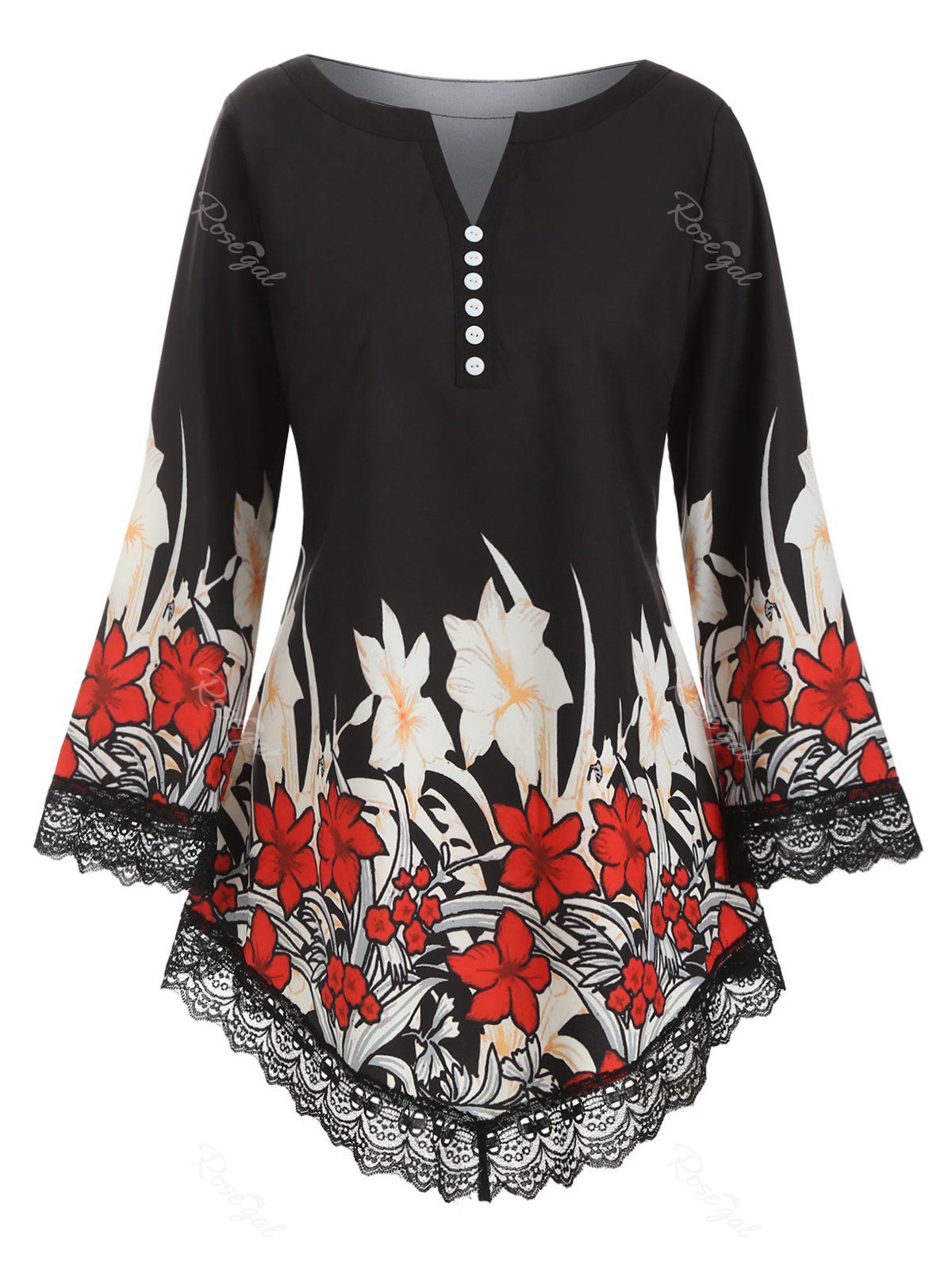 

Mock Buttons Lace Trim Floral Plus Size Blouse, Black
