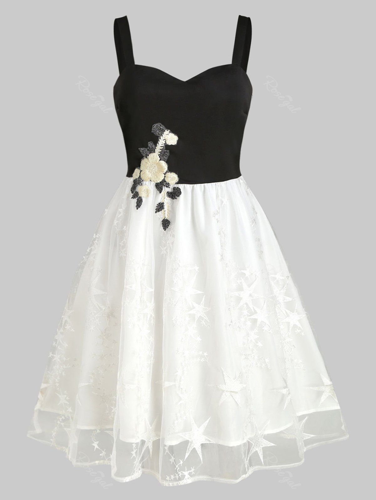 

Mesh Panel Floral Stars Embroidered Plus Size Mini Dress, White