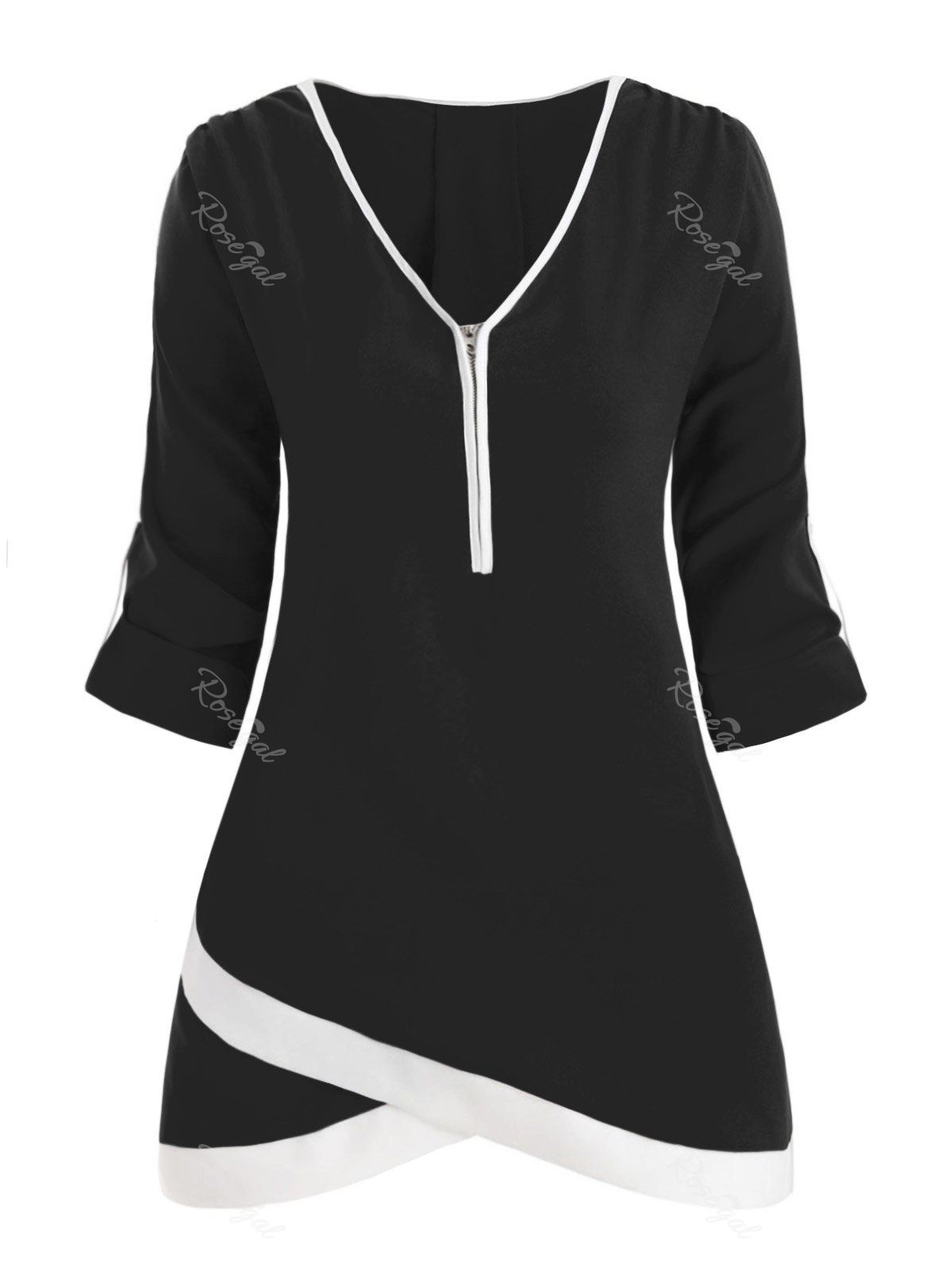 

Plus Size Half Zipper Roll Up Sleeve Tulip Blouse, Black